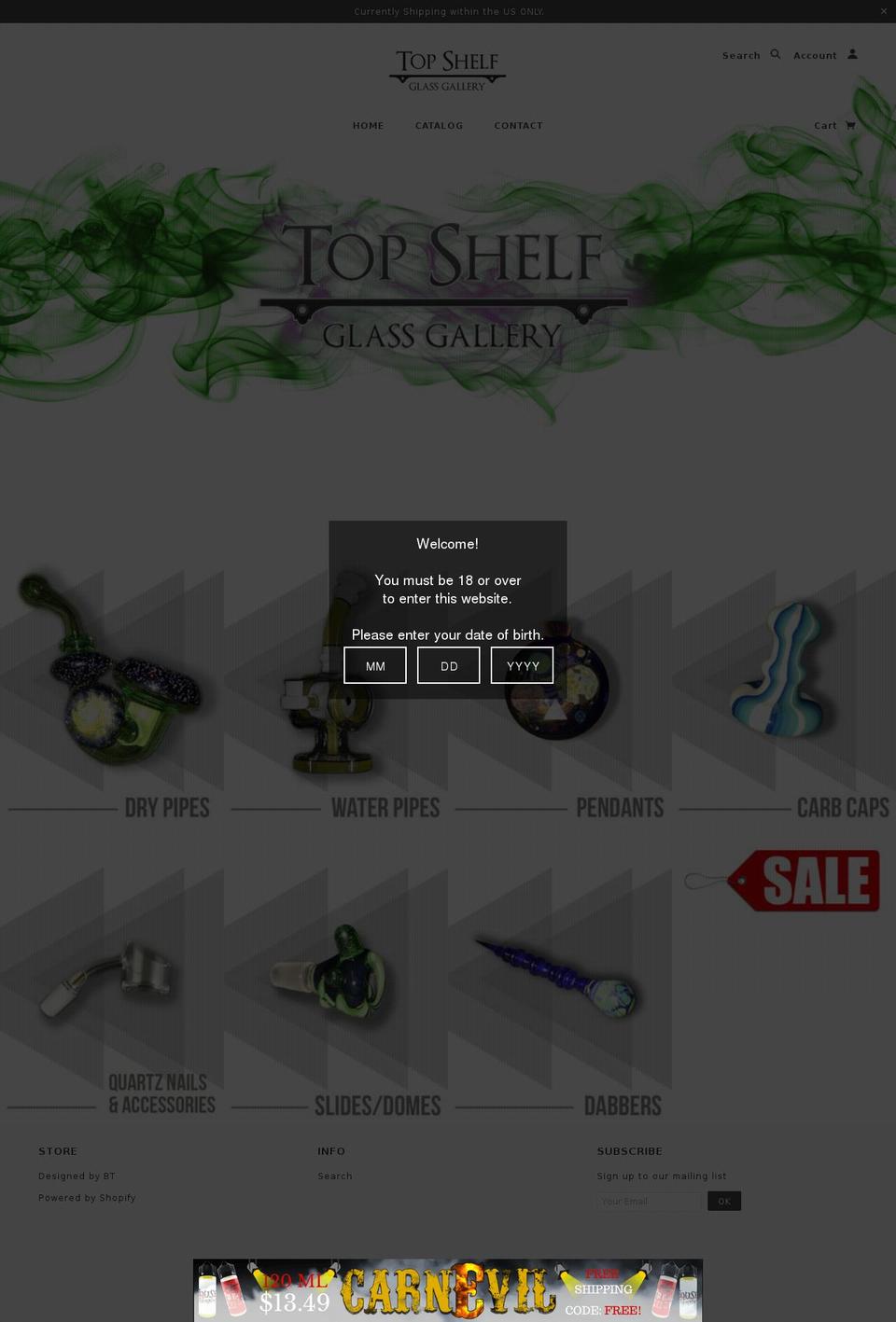 topshelfglassgallery.com shopify website screenshot