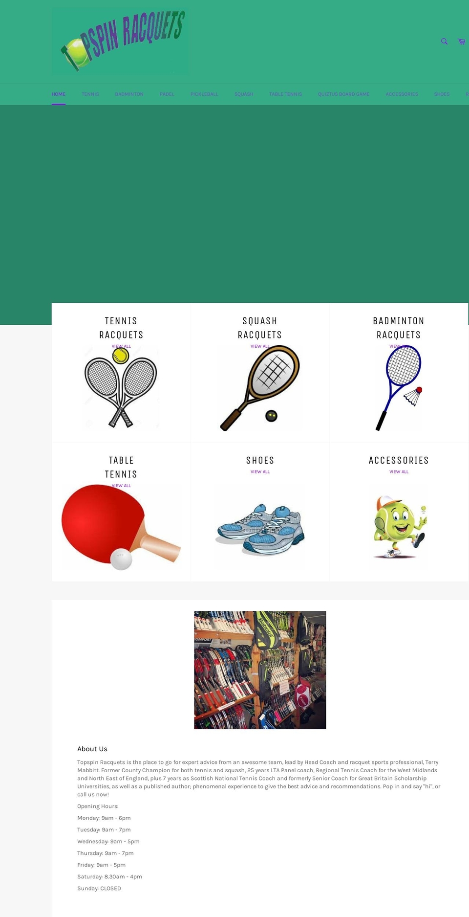 topspinracquets.co.uk shopify website screenshot