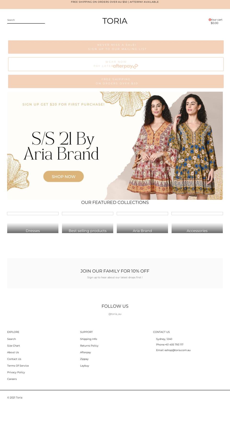 toria.com.au shopify website screenshot