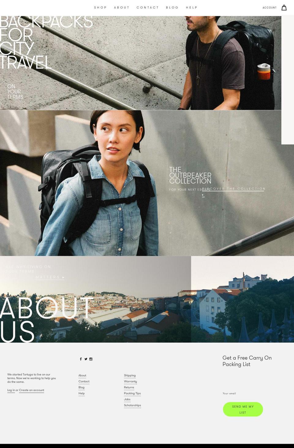 tortugabackpack.com shopify website screenshot