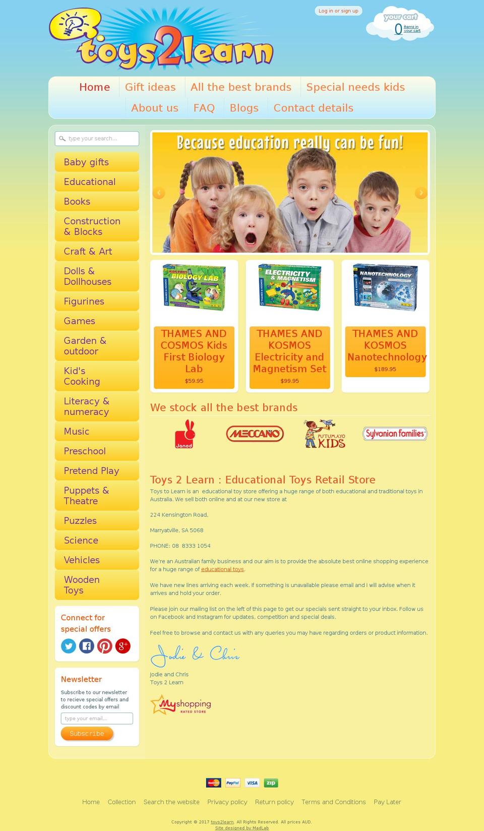 Sunrise Shopify theme site example toys2learn.com.au