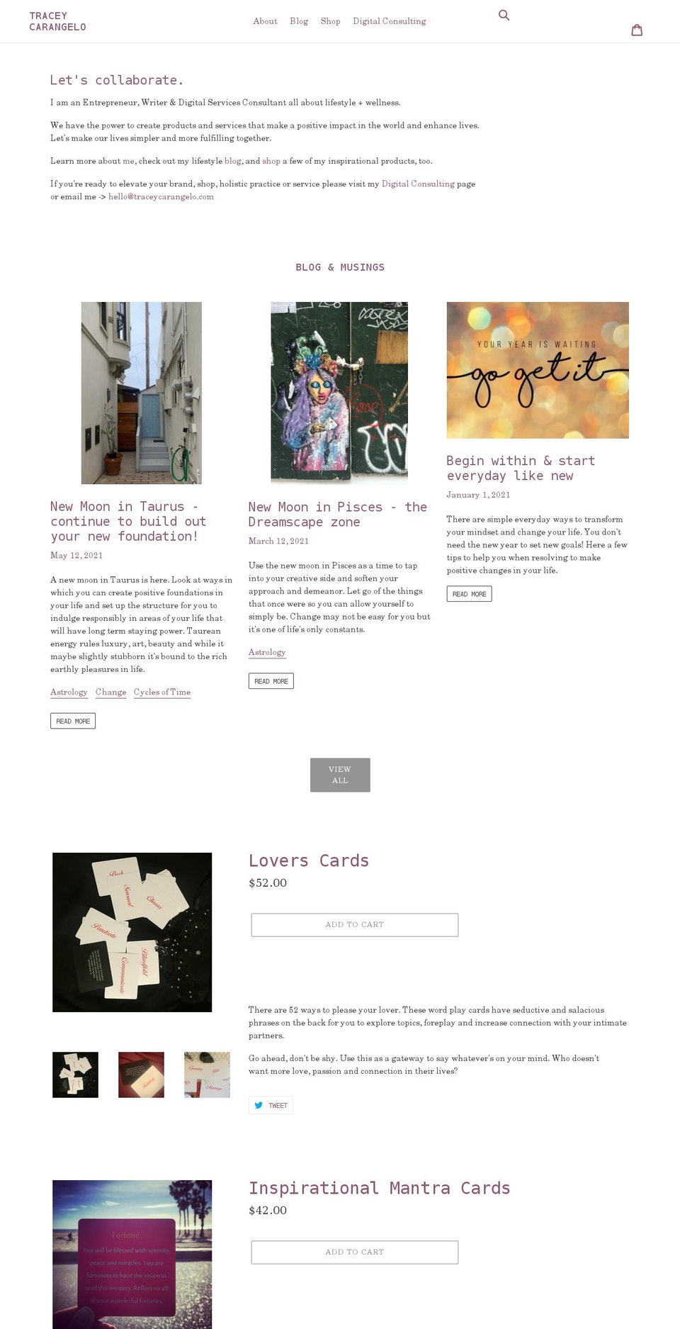 traceycarangelo.com shopify website screenshot