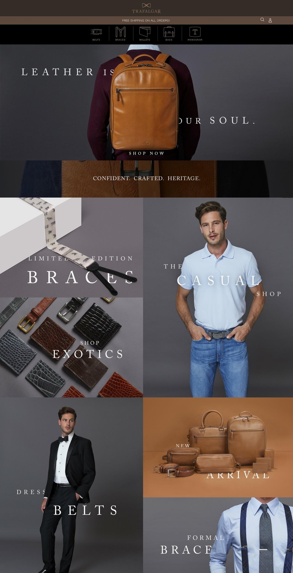 trafalgarleather.com — Shopify storefront screenshot