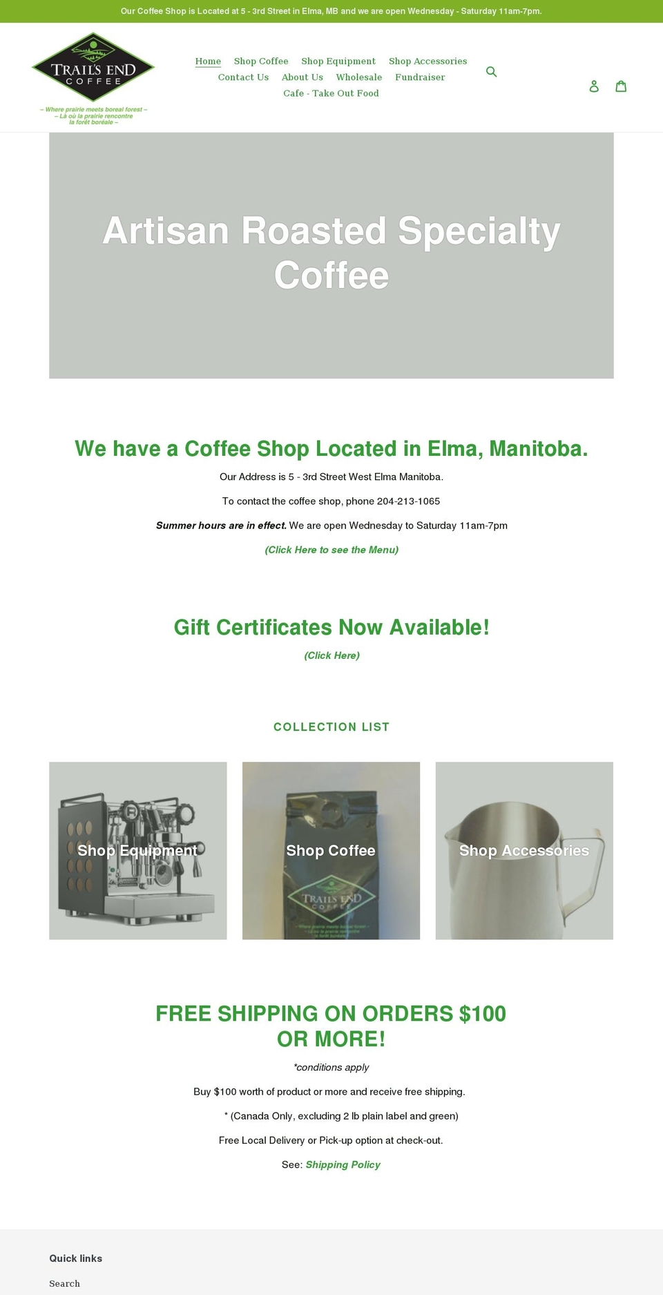 trailsendcoffee.com shopify website screenshot
