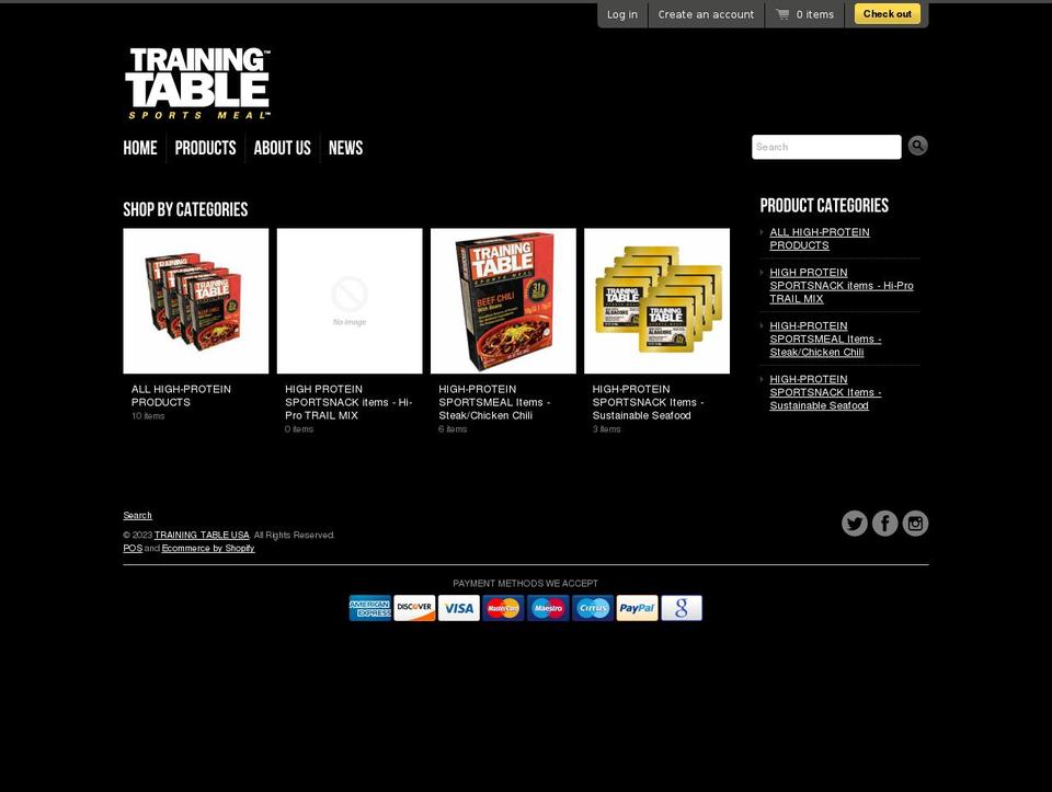 training-table.myshopify.com shopify website screenshot