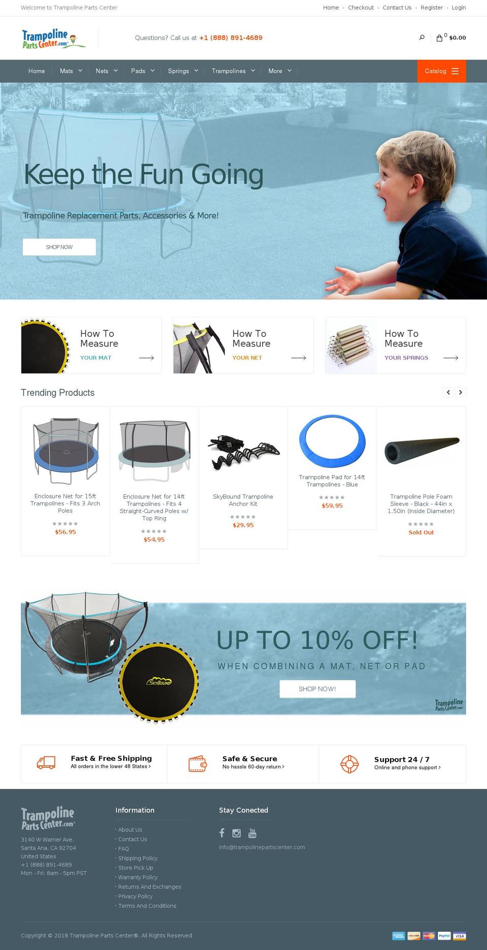 trampolinepartscenter.com — Shopify storefront screenshot
