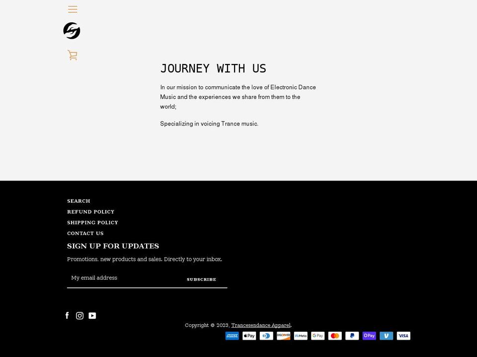 trancesendanceapparel.com shopify website screenshot