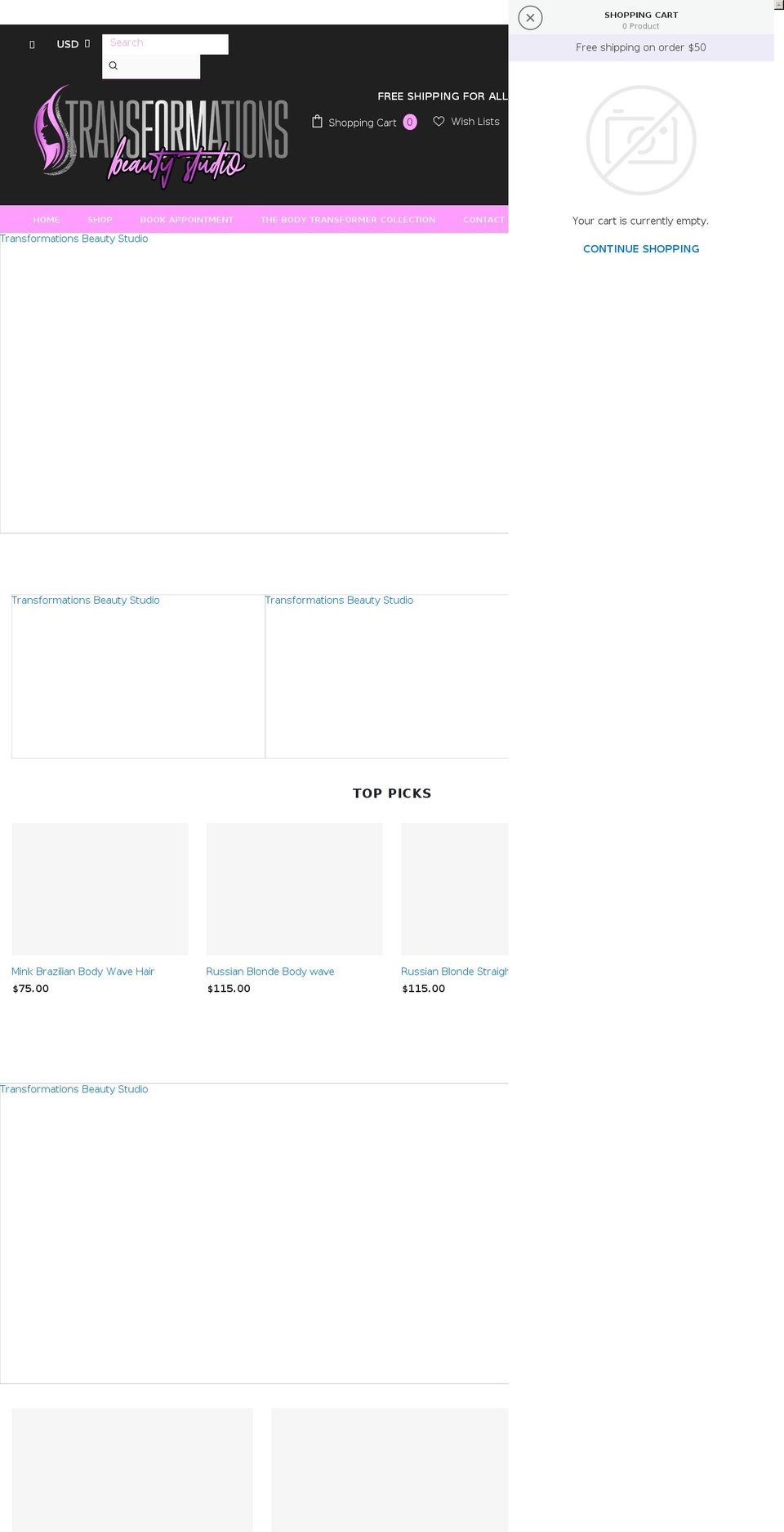 transformationsbeautystudio.com shopify website screenshot