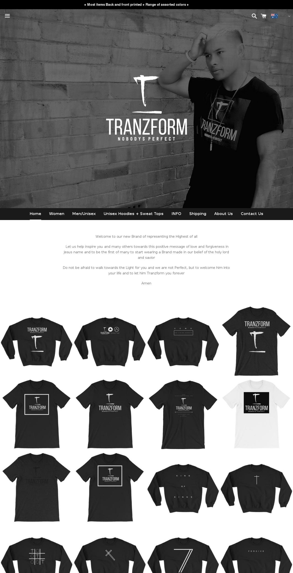tranzformclothing.com — Shopify storefront screenshot