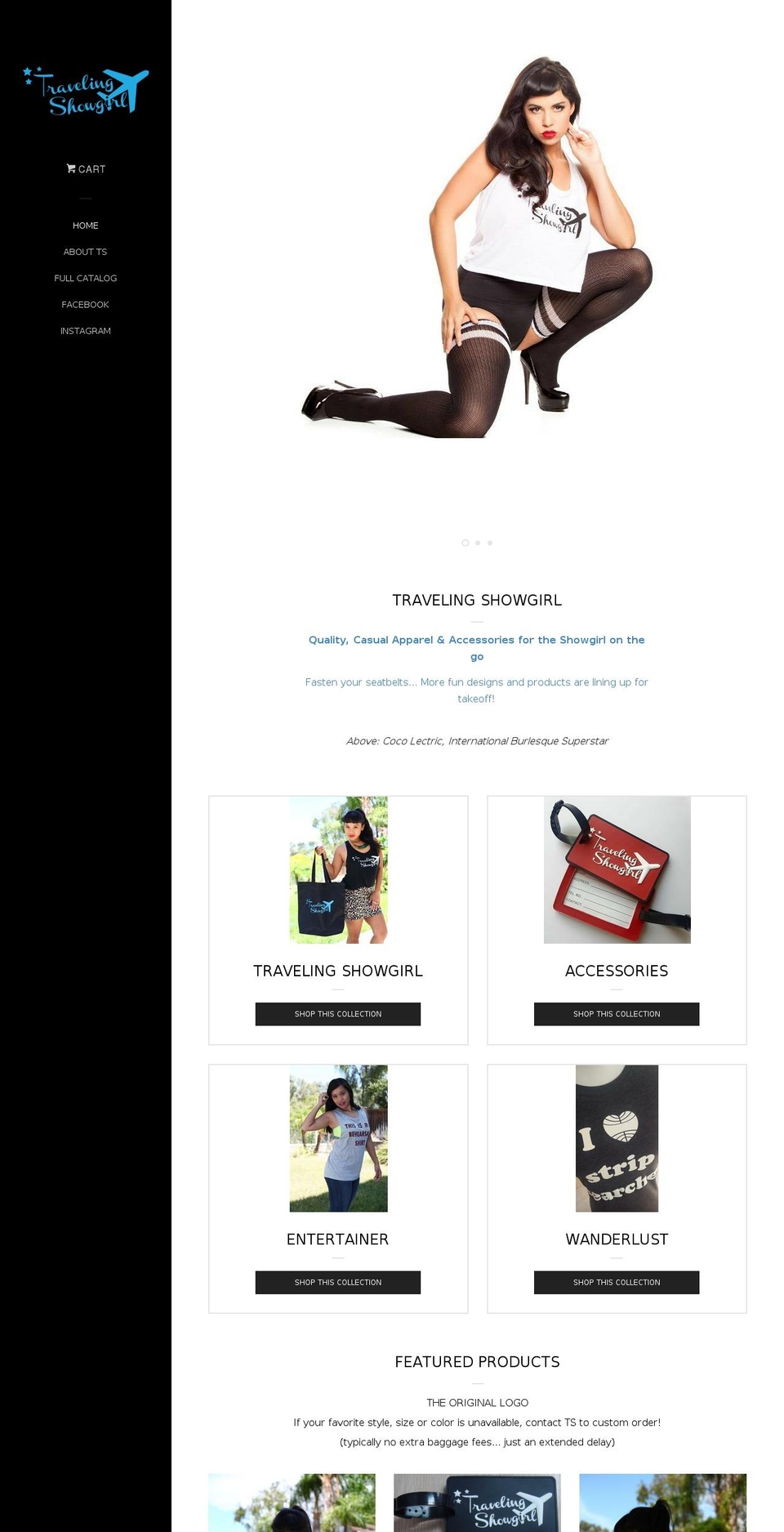 travelingshowgirl.com shopify website screenshot