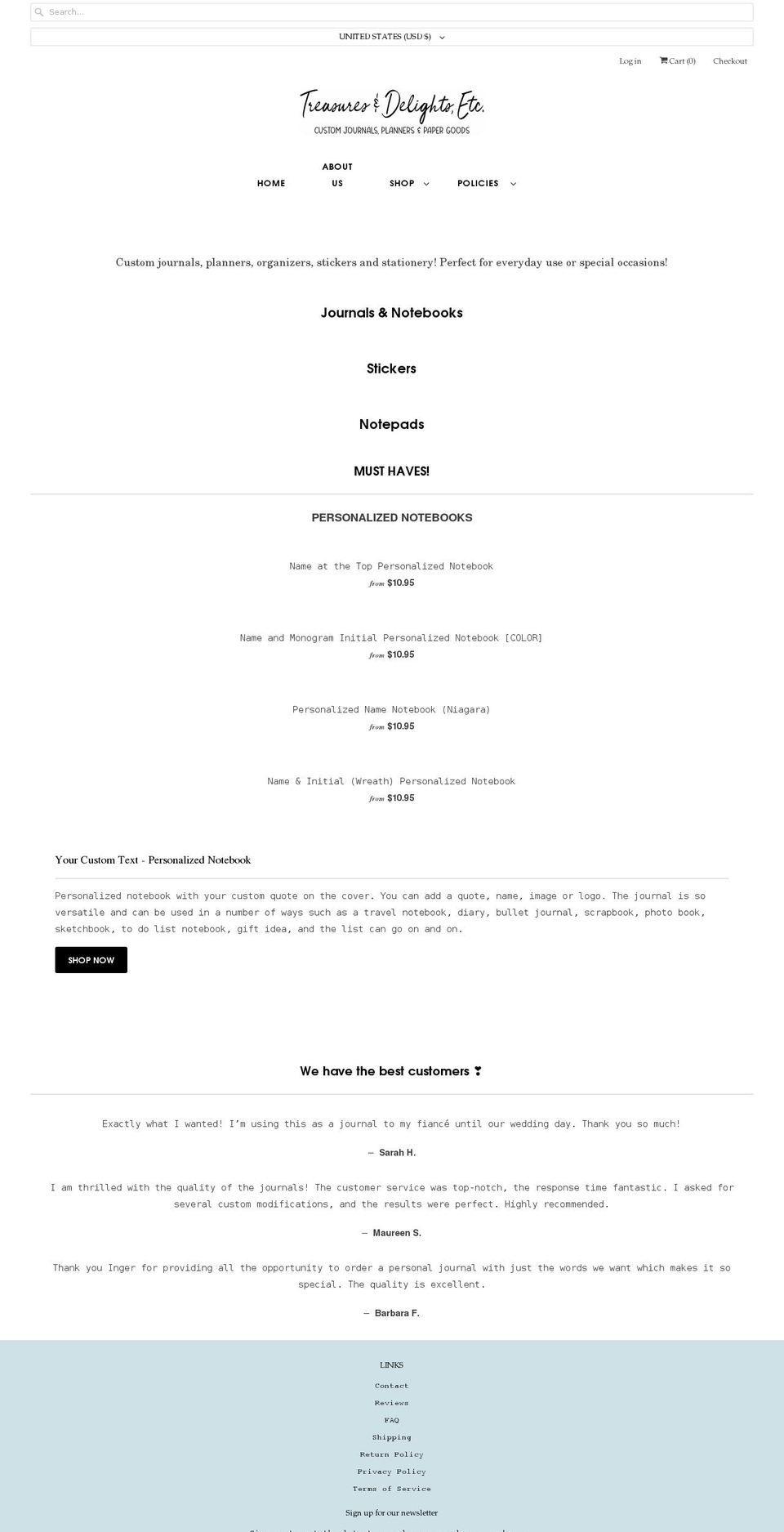 treasures-delights.com shopify website screenshot