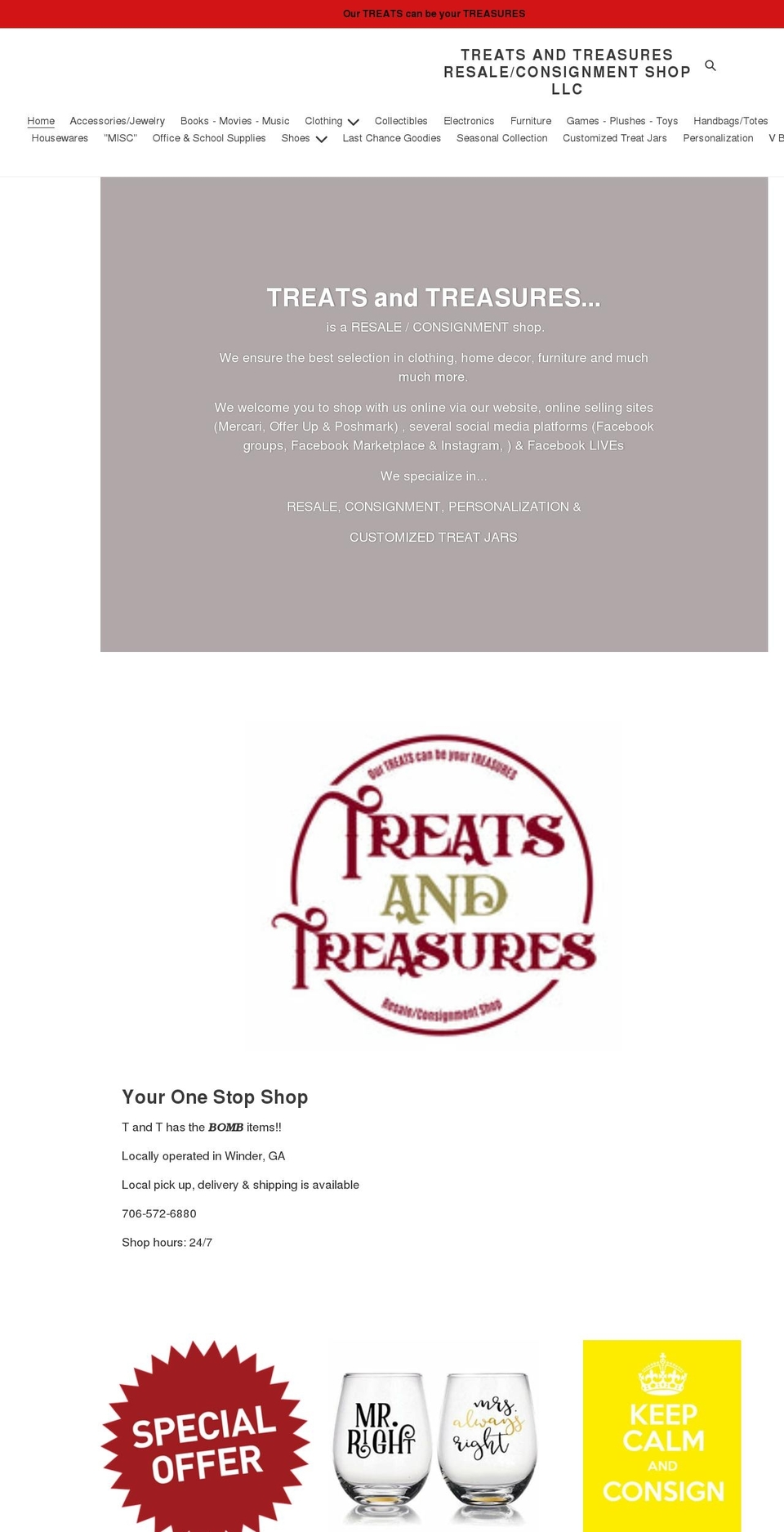 treatsandtreasuresreconshop.com shopify website screenshot