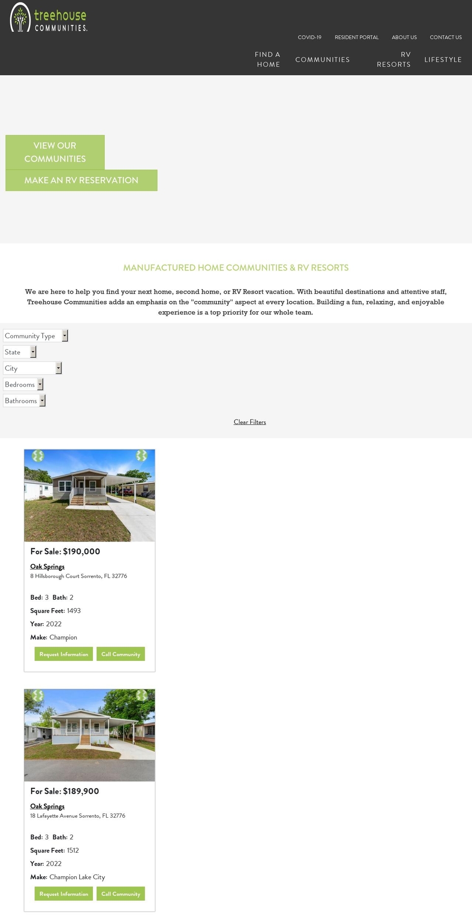 treehousecommunities.com — Shopify storefront screenshot