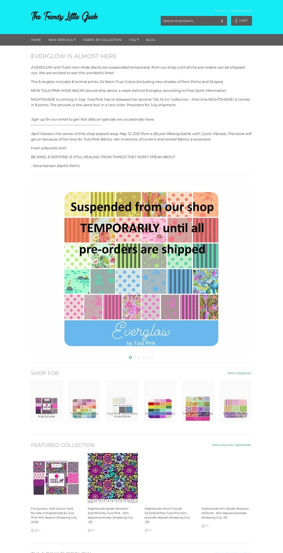 trendylittlegeekfabrics.com — Shopify storefront screenshot