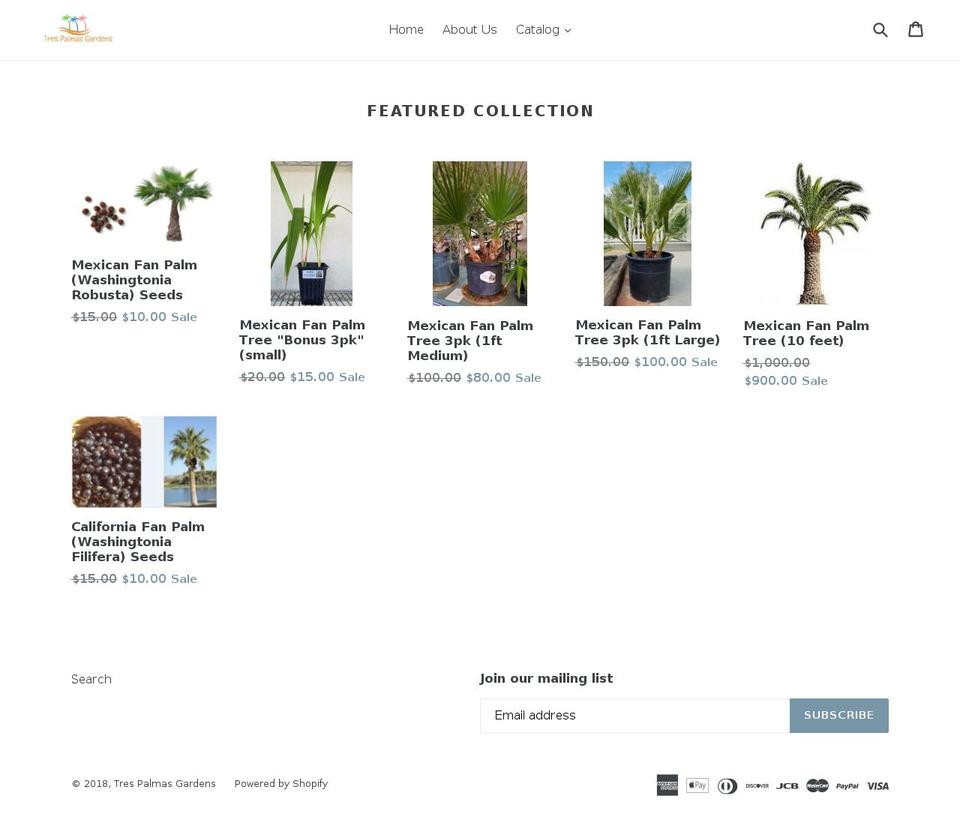 trespalmasgardens.com — Shopify storefront screenshot