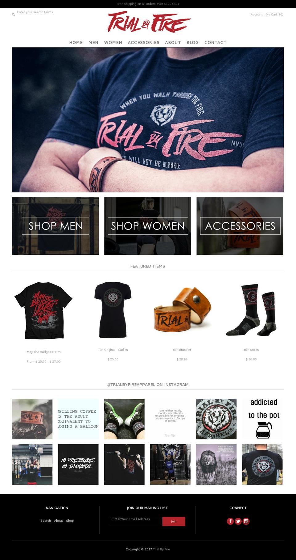 trialbyfireapparel.com shopify website screenshot