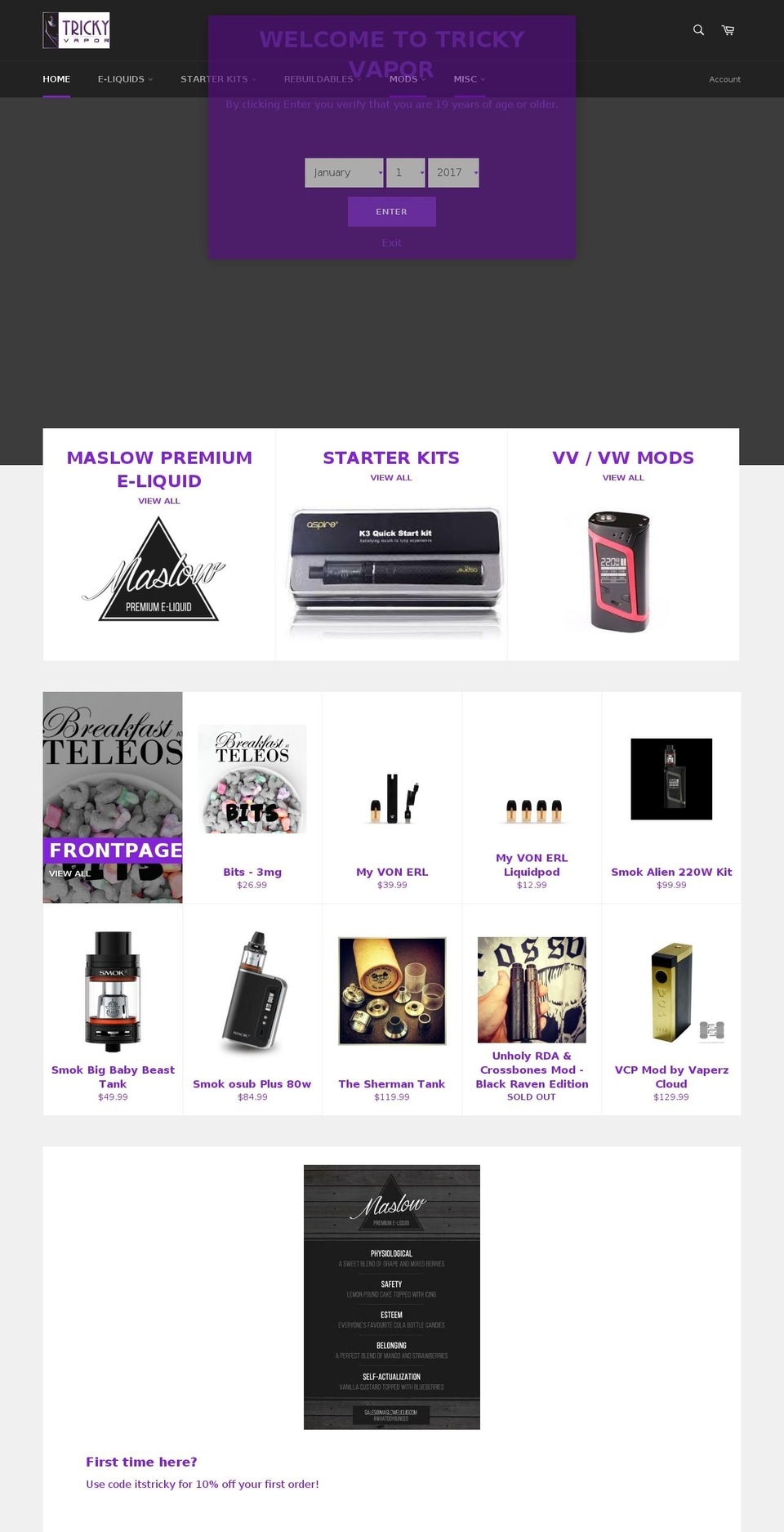 trickyvapor.com shopify website screenshot