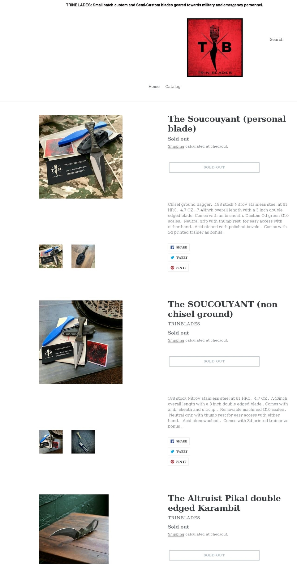 trinblades.com shopify website screenshot