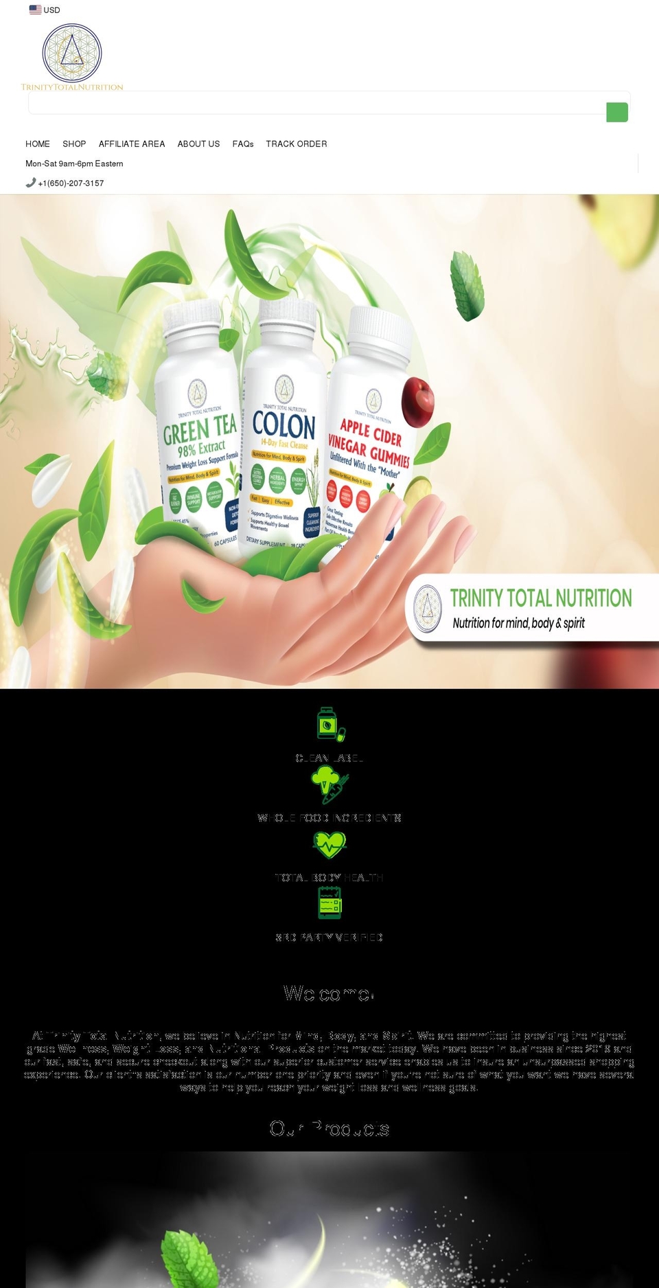 trinitytotalnutrition.com — Shopify storefront screenshot