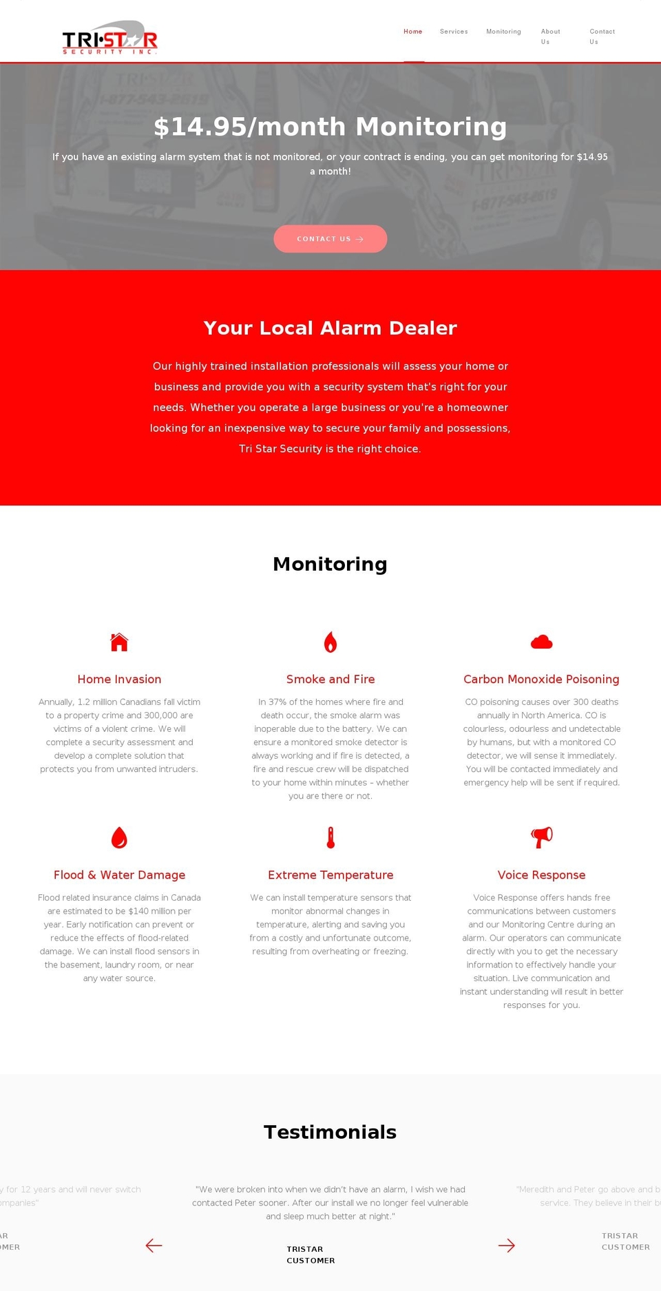 tristaralarms.ca shopify website screenshot