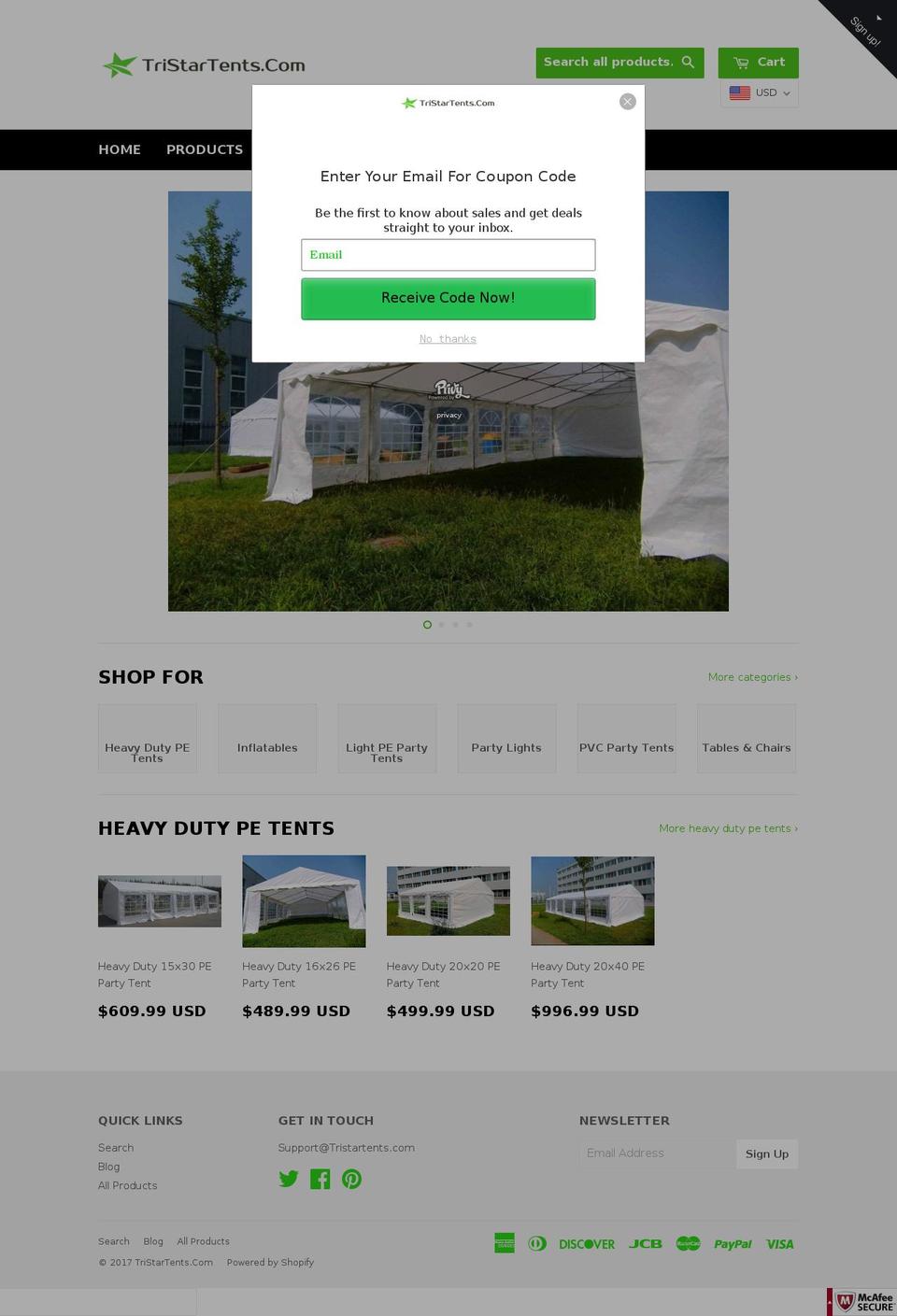 tristartents.com shopify website screenshot