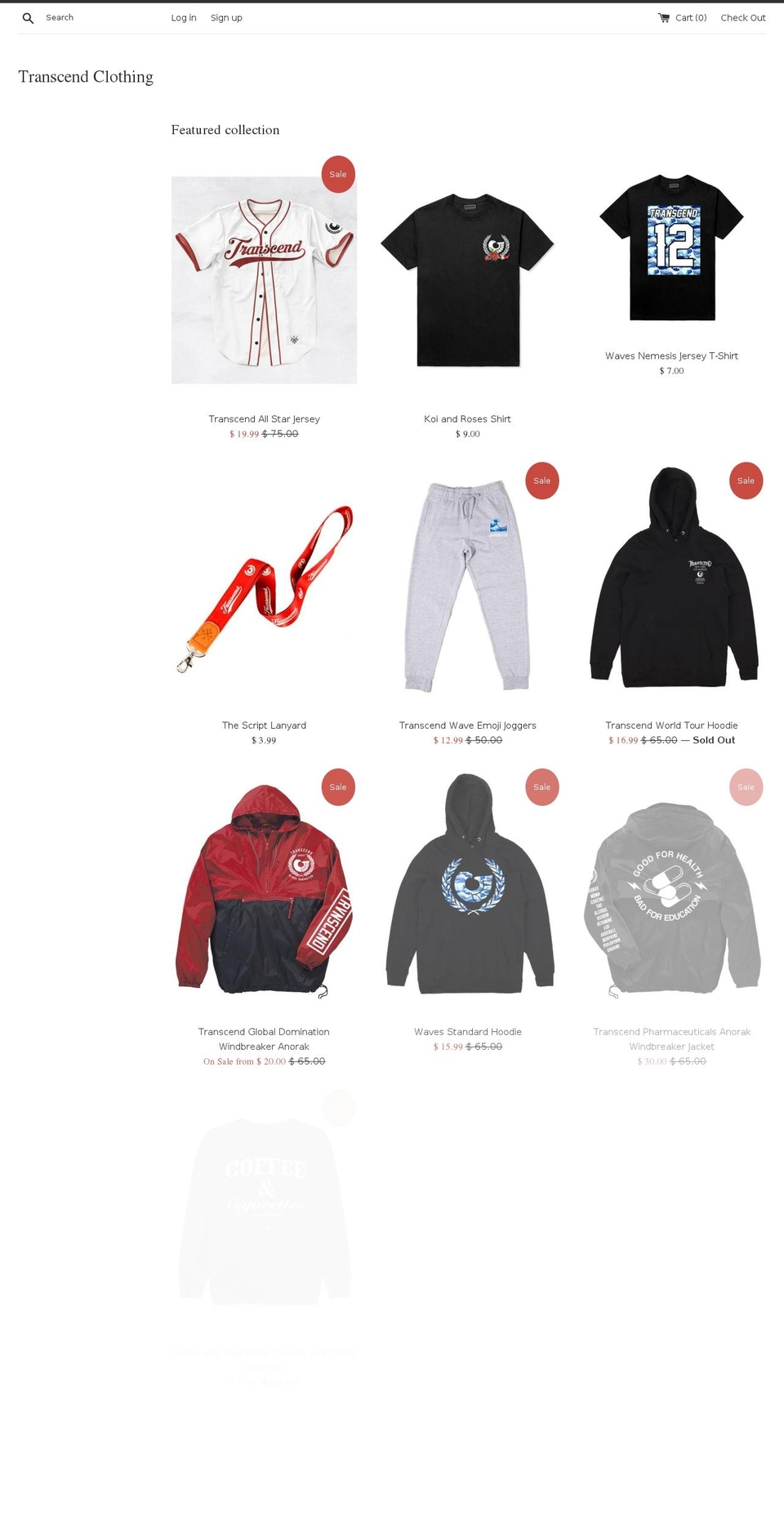 trnscnd.co shopify website screenshot