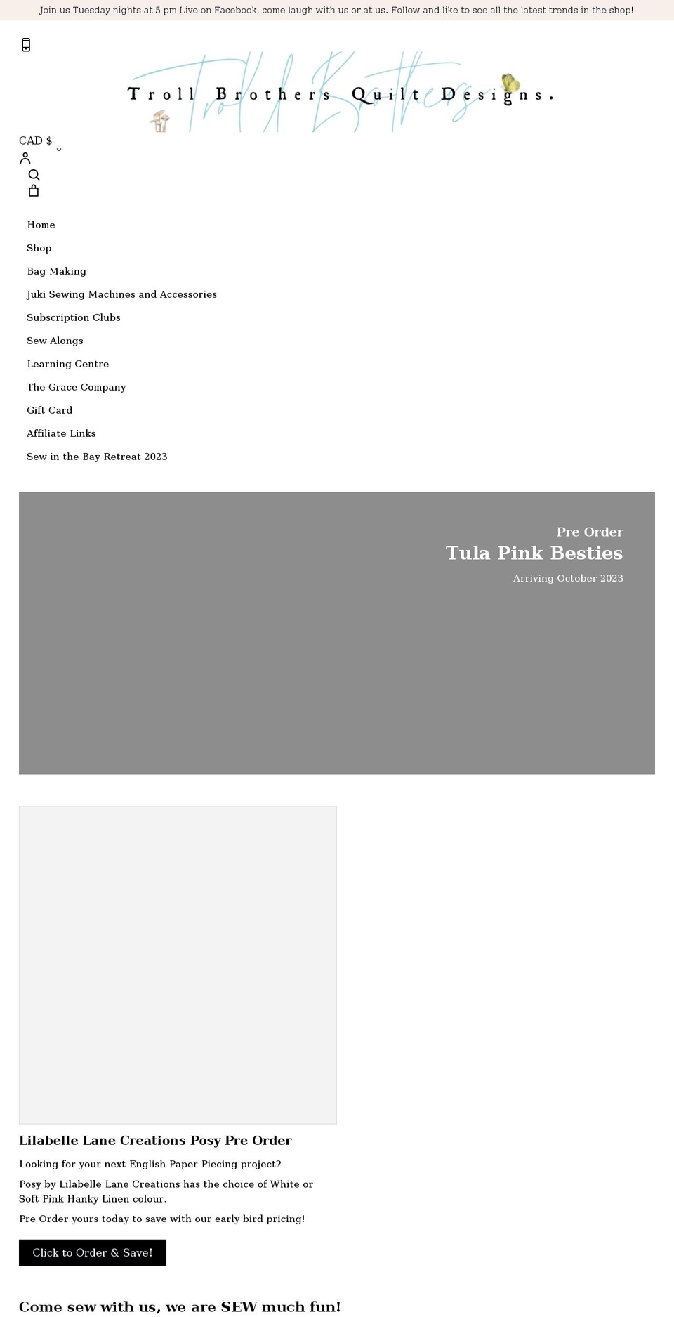 trollbrothersquiltdesigns.com — Shopify storefront screenshot