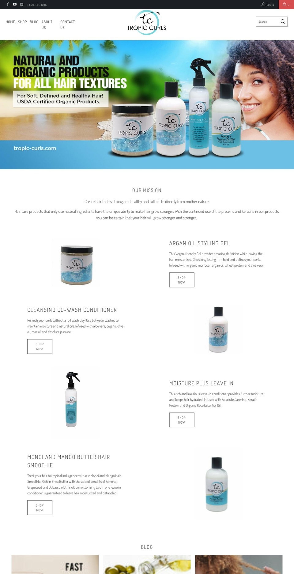 tropic-curls.com shopify website screenshot