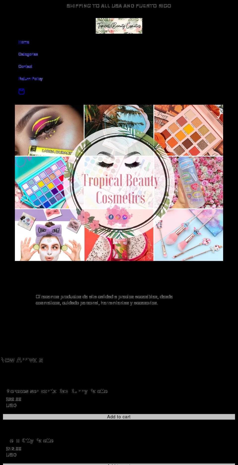 tropicalbeautycosmetics.com shopify website screenshot