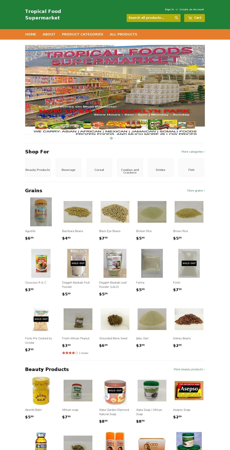 tropicalfoodsupermarket.us shopify website screenshot