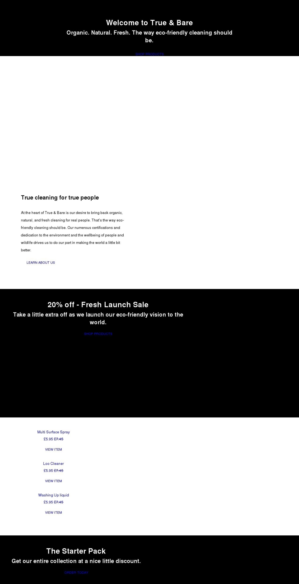 trueandbare.co.uk shopify website screenshot