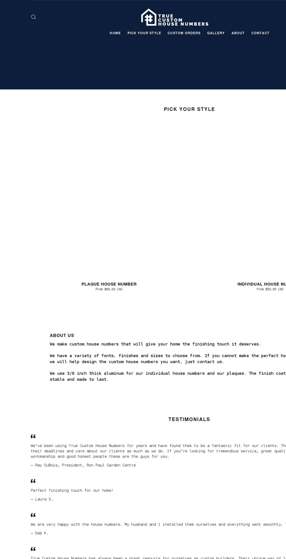 truecustomhousenumbers.com — Shopify storefront screenshot