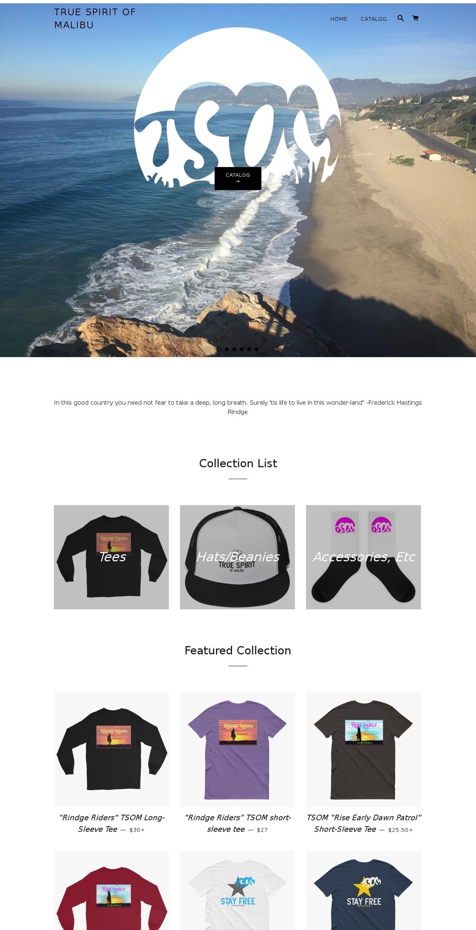 truespiritofmalibu.com — Shopify storefront screenshot