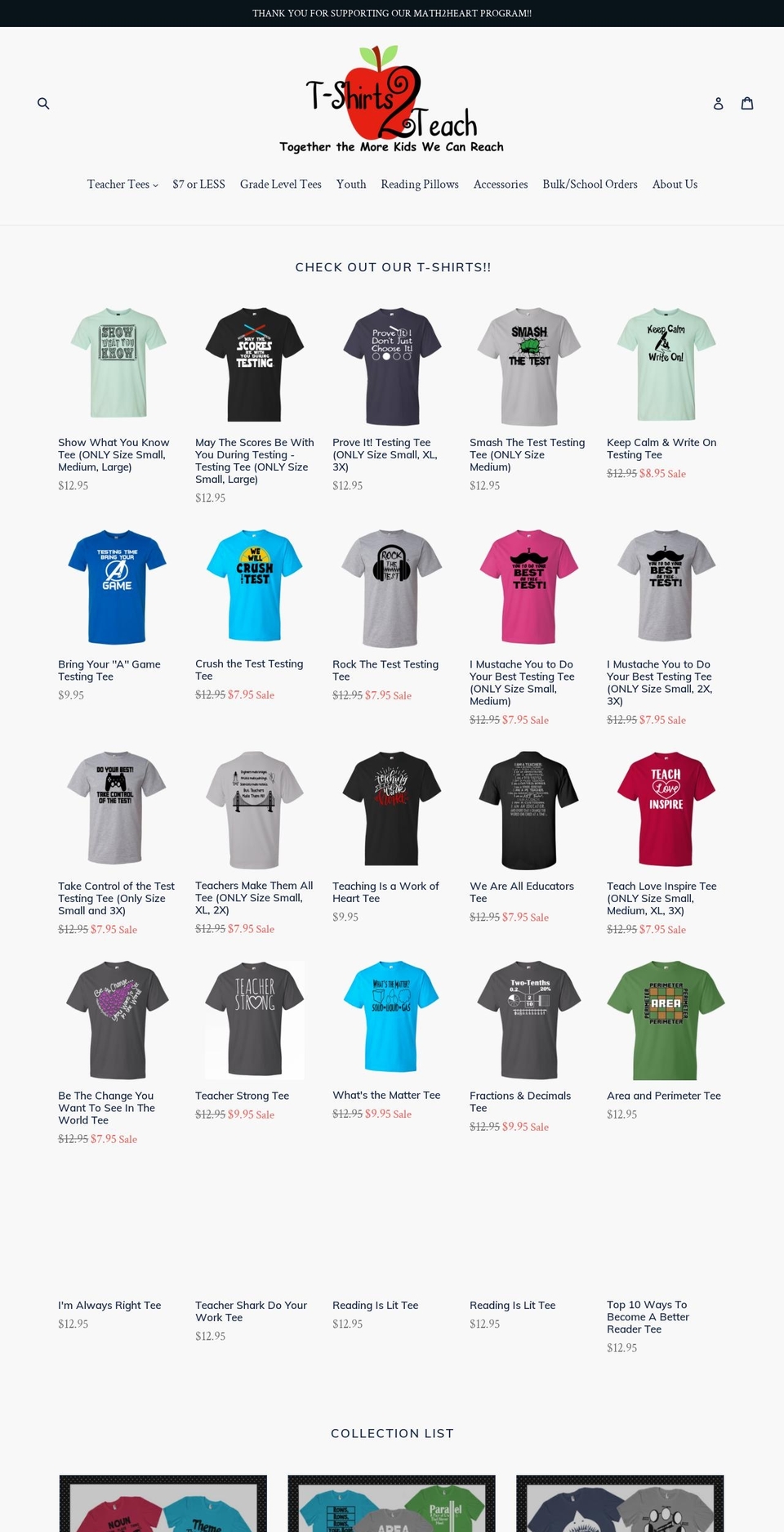 tshirts2teach.com — Shopify storefront screenshot