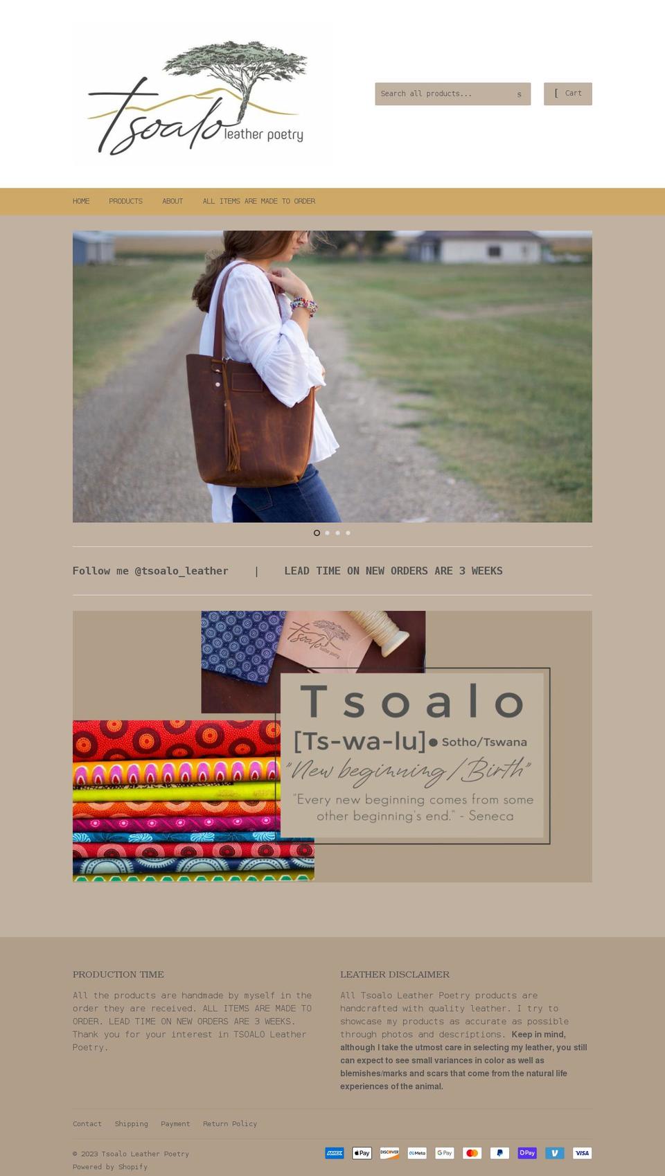 tsoaloleatherpoetry.com shopify website screenshot