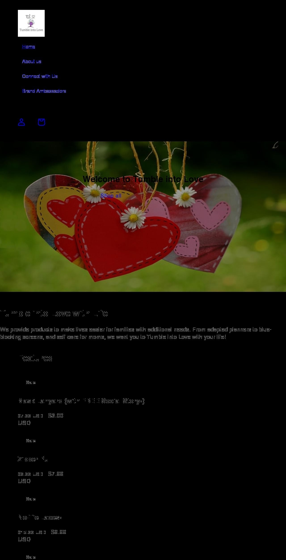tumbleintolove.com — Shopify storefront screenshot