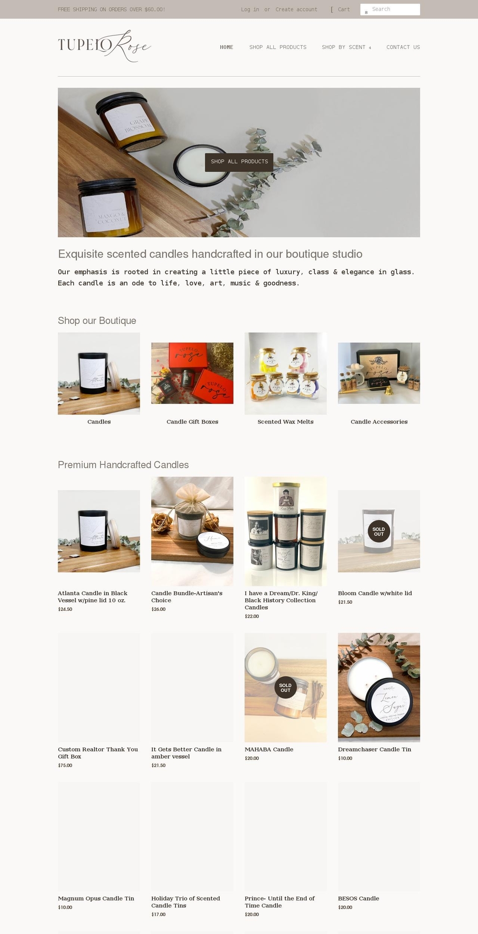 tupelorosecandles.com shopify website screenshot