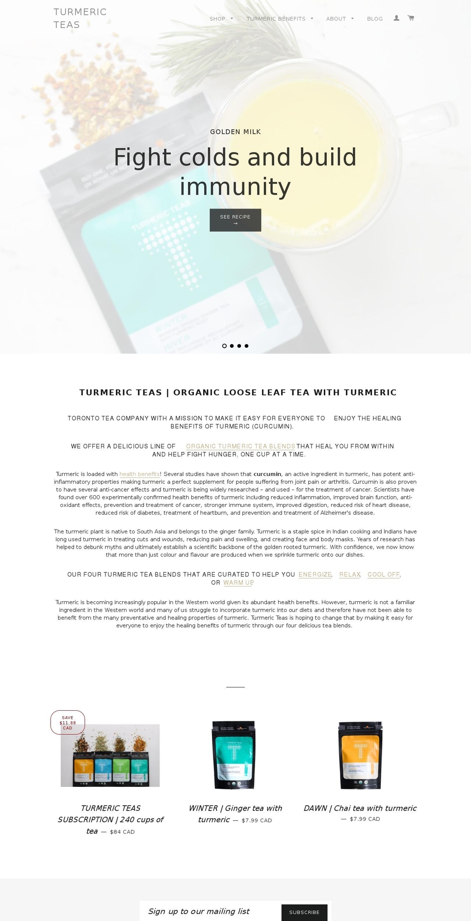 turmericteas.com shopify website screenshot