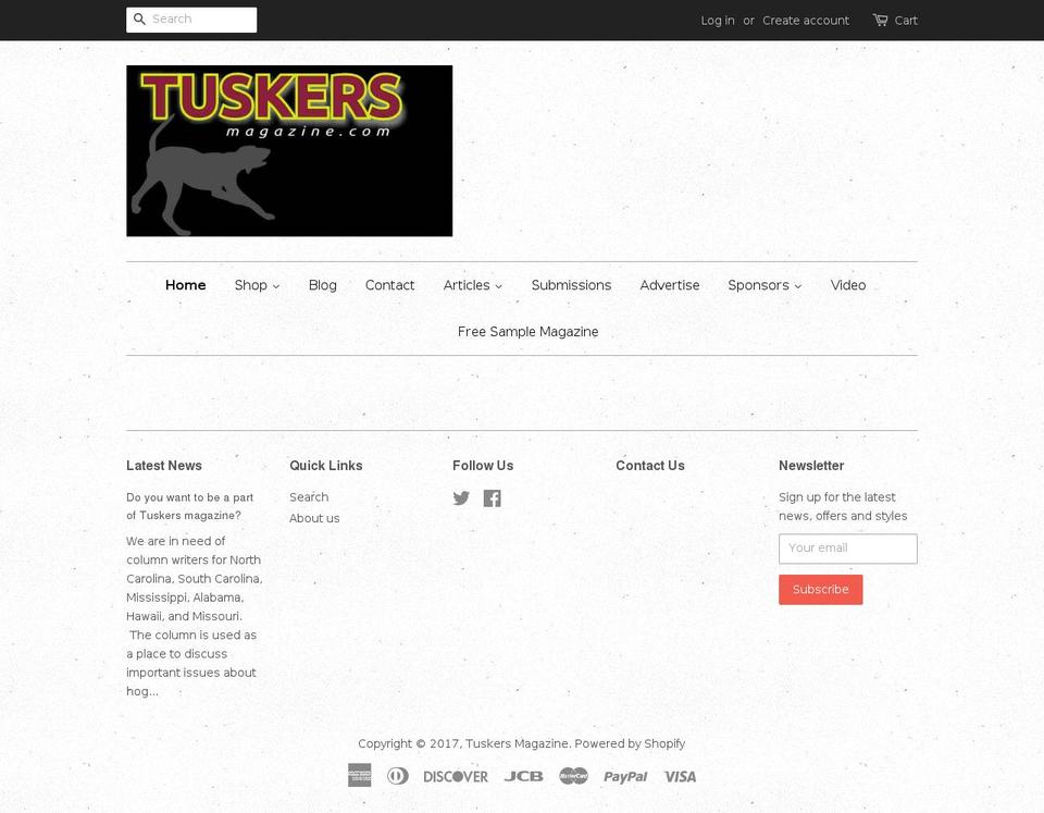 tuskersmagazine.com shopify website screenshot
