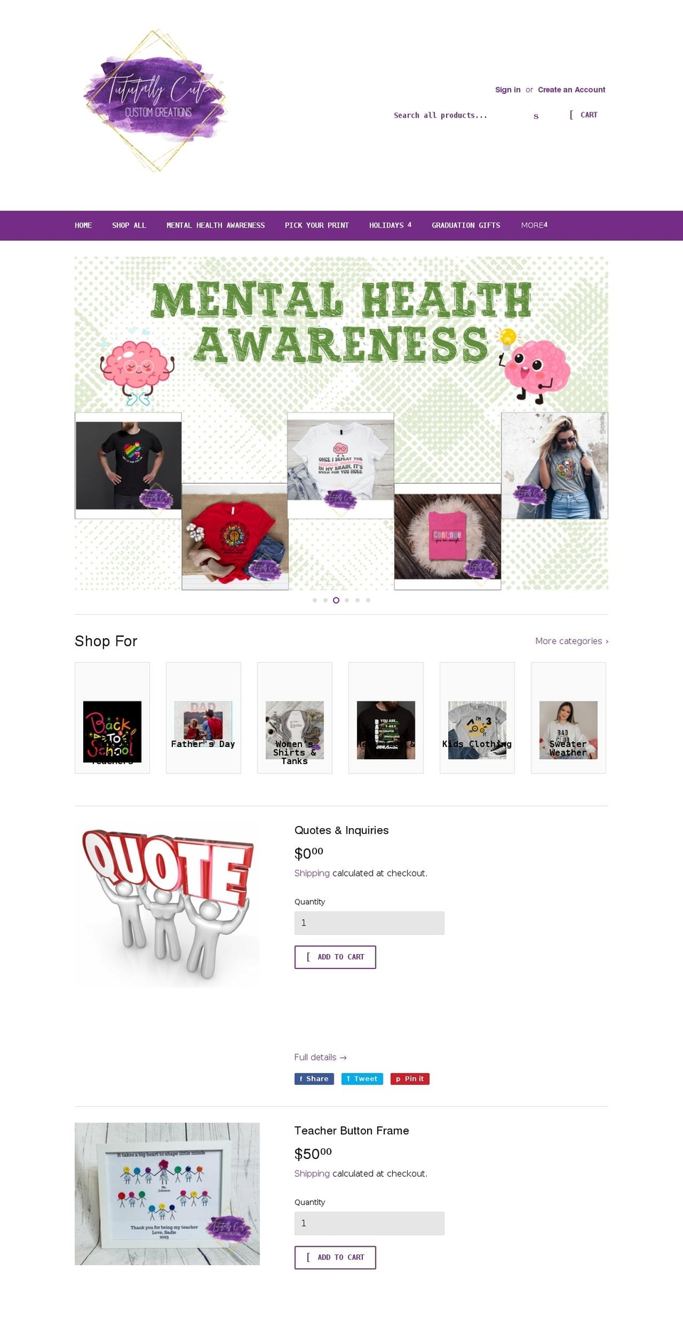 tututallycutecustomcreations.com shopify website screenshot