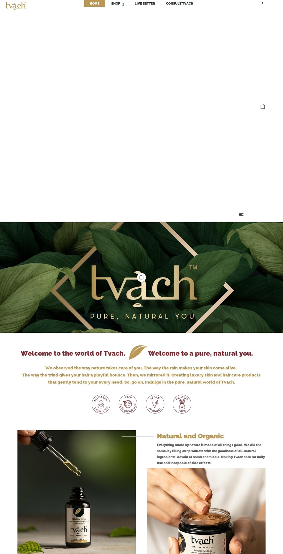 tvachorganics.com shopify website screenshot