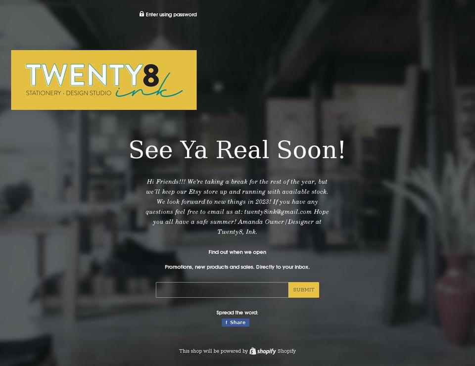 twenty8-ink.com shopify website screenshot