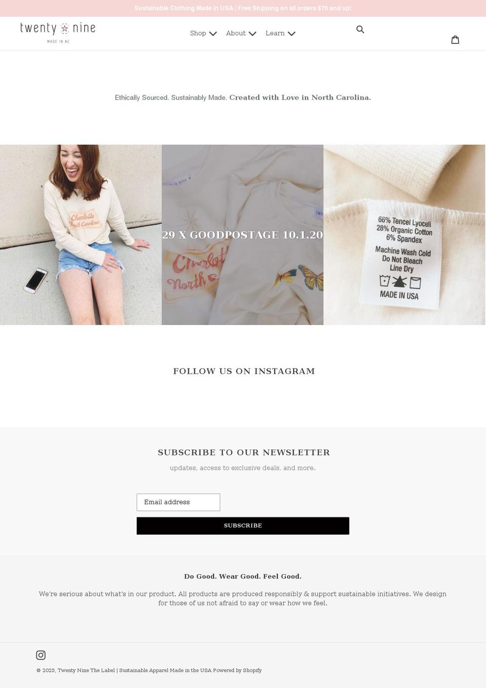 twentyninethelabel.com shopify website screenshot