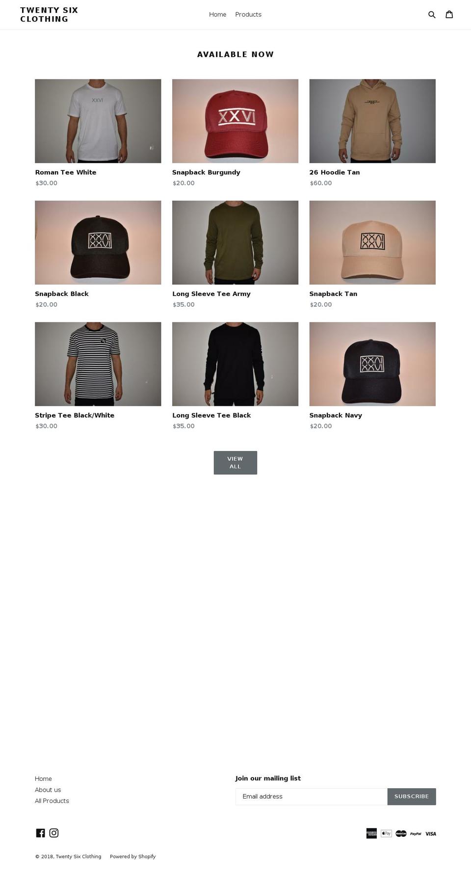 twentysixclothing.com shopify website screenshot