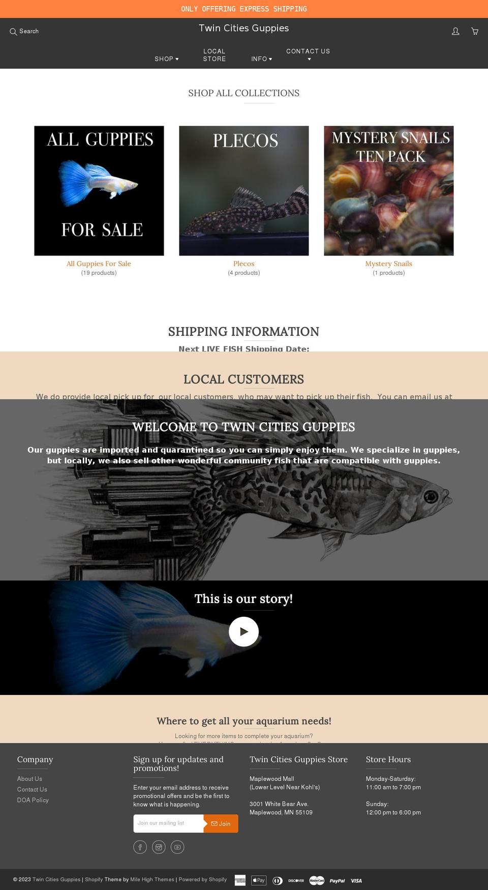 twincitiesguppies.com shopify website screenshot