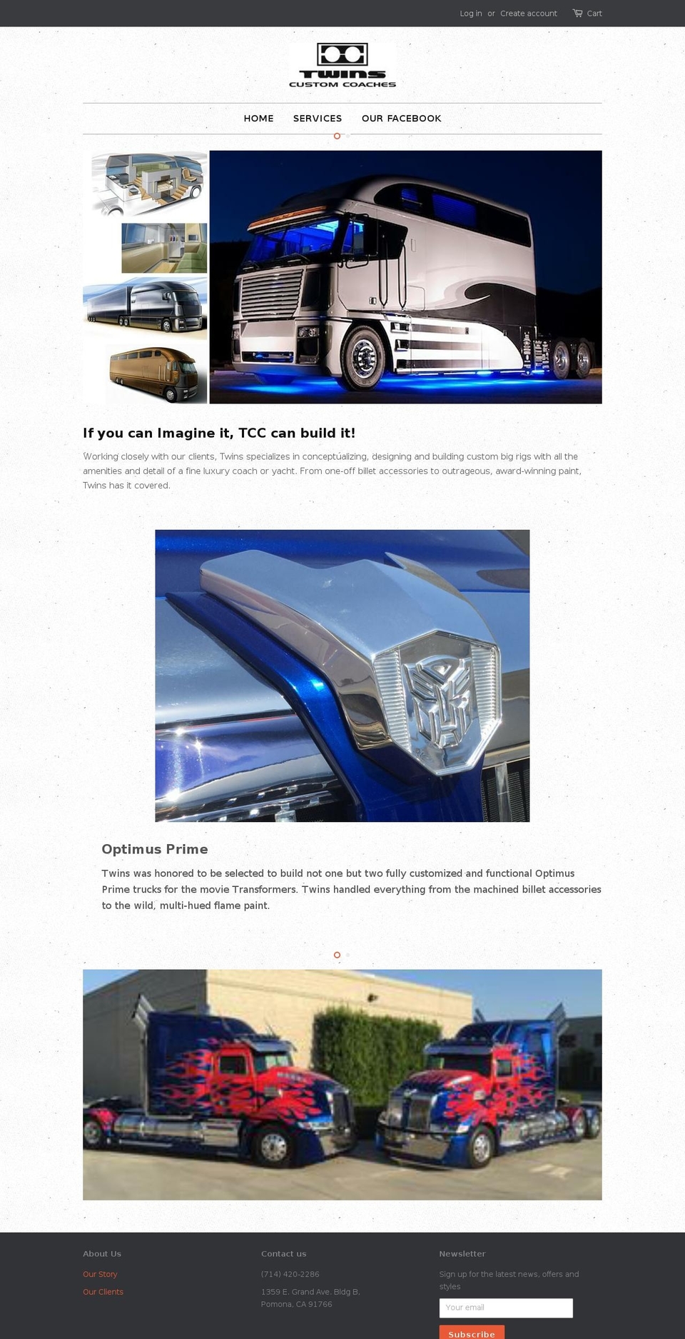 twinscustomcoaches.com — Shopify storefront screenshot