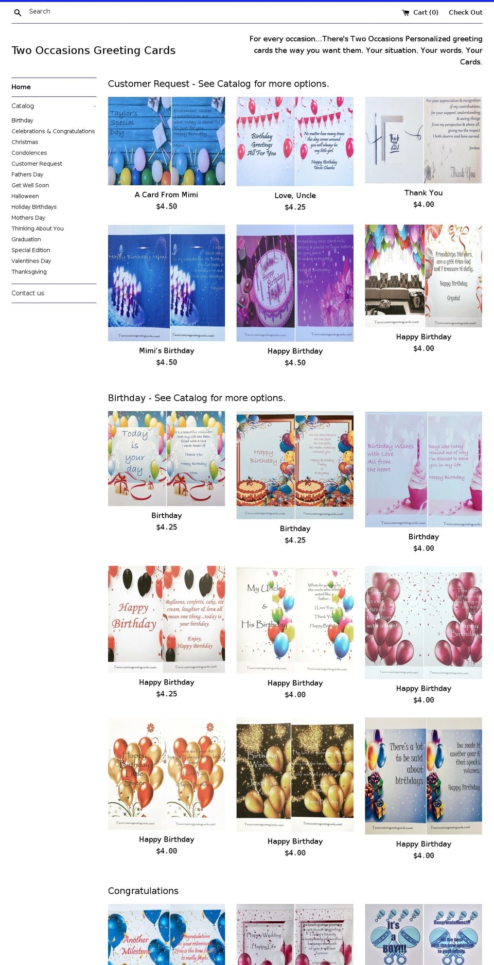 twooccasionsgreetingcards.com shopify website screenshot