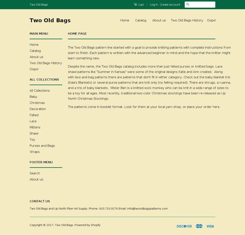 twooldbagspatterns.com shopify website screenshot