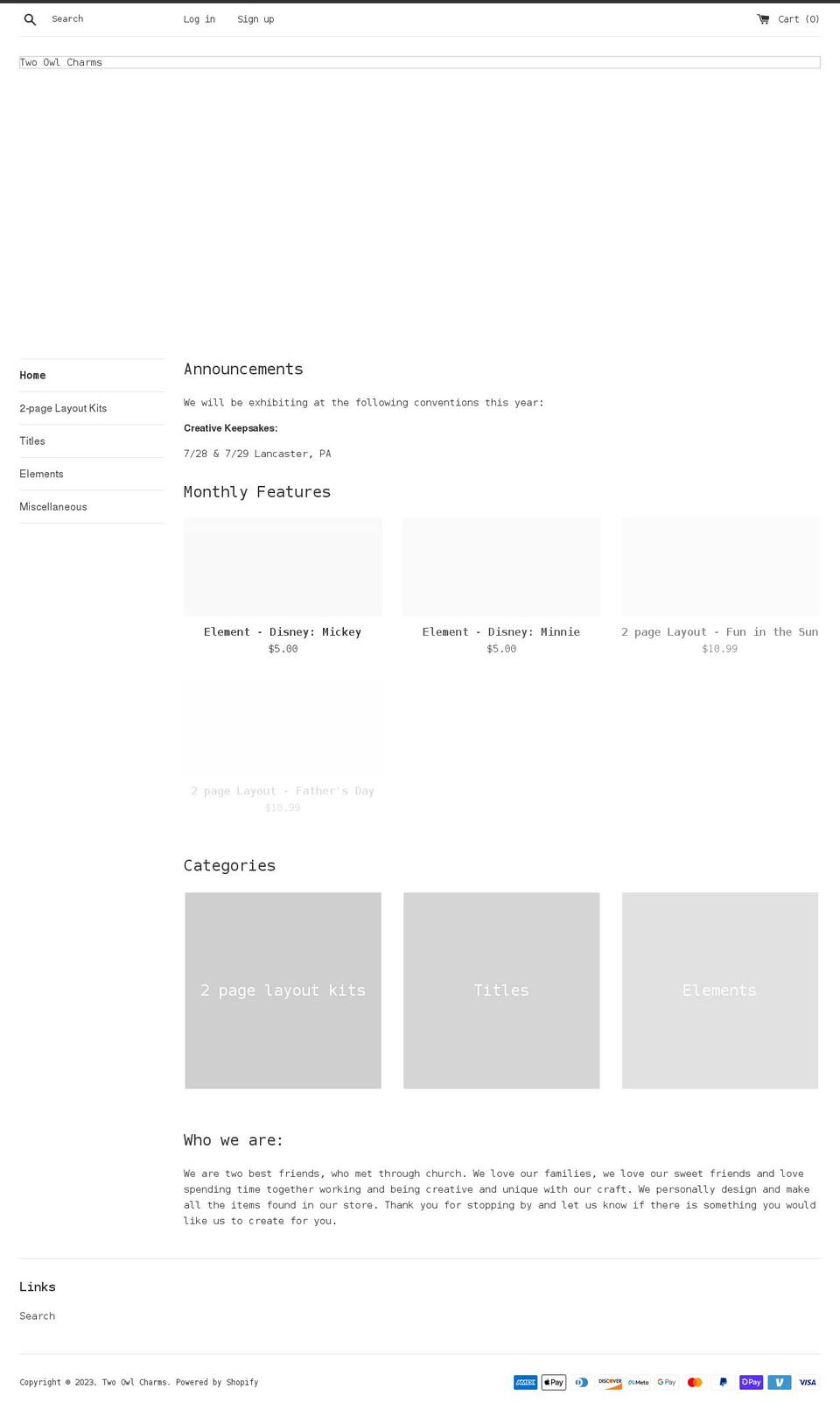 twoowlcharms.com shopify website screenshot