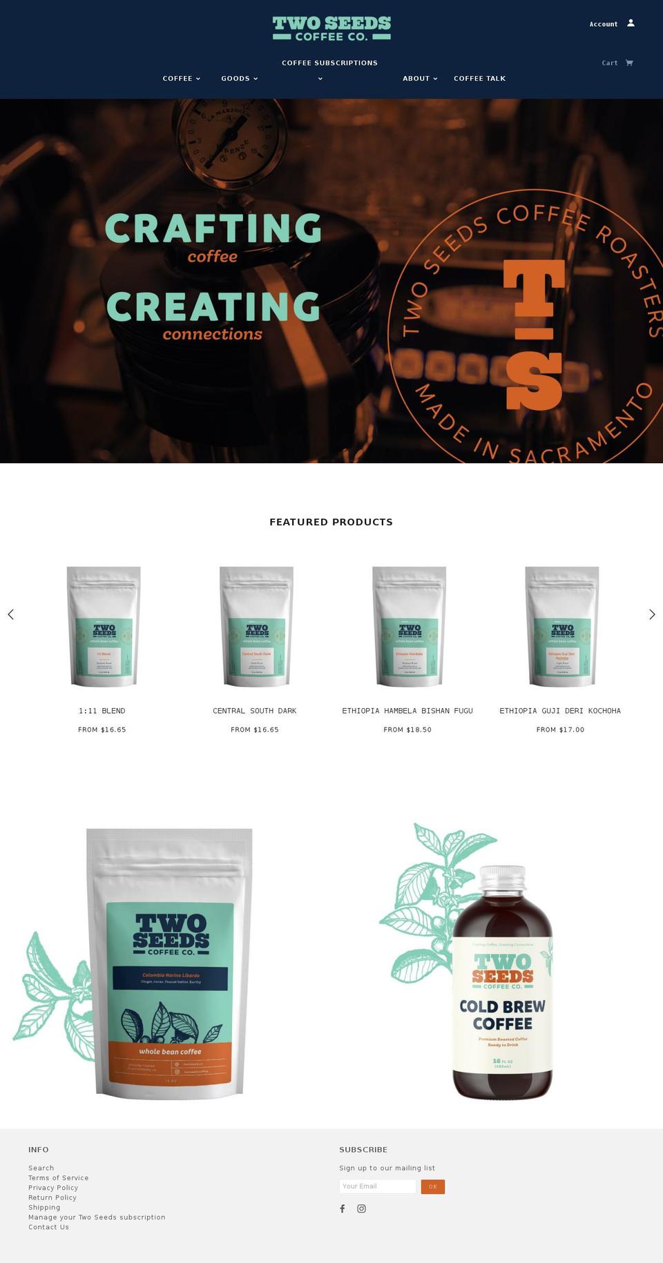twoseedsbean.com — Shopify storefront screenshot